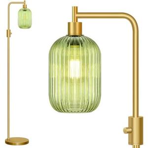  Dimmable Glass Floor Lamp for Living Room, Modern Gold Standing Lamp with Green Ribbed Glass Lampshade & Knob Dimmer, Arc Tall Lamp for Bedroom Office Reading Room, 2700K Led Bulb Included