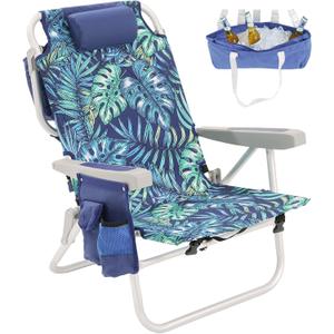 SUNNYFEEL Low Beach Chair, 5-Position Lay Flat Reclining, Backpack Portable Folding Chair with Cooler Bag & Cup Holder, Heavy Duty 350 LBS, Compact for Beach, Camping, Travel