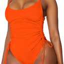 Viottiset Women's Ruched High Cut One Piece Swimsuit Tummy Control Bathing Suit Monokini (Neon Orange) Small