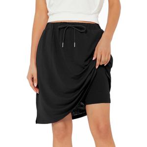 Century Star Tennis Skirts for Women with Pockets Golf Knee Length Skorts Athletic Sports Drawstring Waist Skirts with Shorts (Black, L)