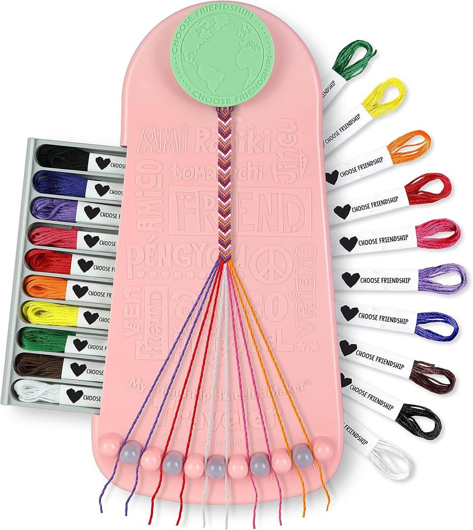 Choose Friendship Bracelet Making Kit  20 Pre-Cut Threads, Portable Loom with Storage, Makes 8 Bracelets, Craft Gift for Kids Ages 8+, Blush Pink Macaroon