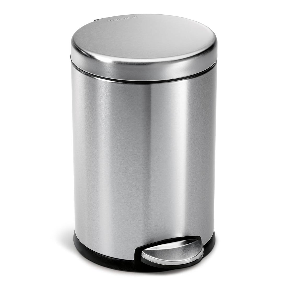 simplehuman 4.5 Liter / 1.2 Gallon Round Bathroom Step Trash Can, Brushed Stainless Steel