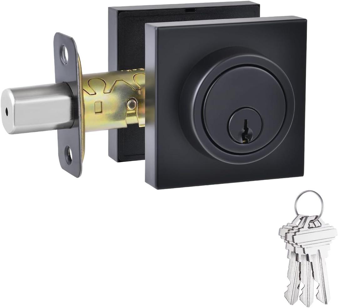 1 Side Keyed Deadbolt Lock,Square Single Cylinder Dead Bolt, Matte Black Square Exterior Keyed Deadbolt