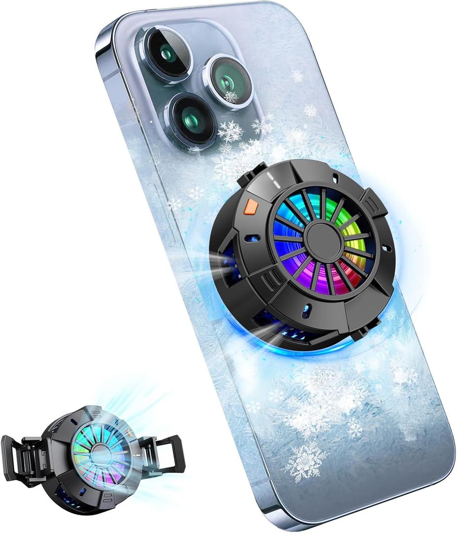 2-in-1 Magnetic & Clip-On Phone Cooler Semiconductor-Powered Gaming Cell Phone Cooling Fan Radiator for iPhone/Android/iPad/Tablet Ideal for Gaming, Video Calls, Live Broadcasting, and Vlogging