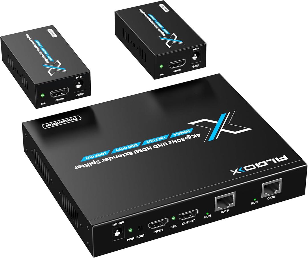 ALGOX 328ft/100m 4K@30Hz HDMI Extender Splitter 1 in 2 Out Over CAT6/6e/7(T-568B) Supports Loop Out, EDID Copy, HDR10, Dolby Vision, 3D Video, Plug and Play, Easy to Install