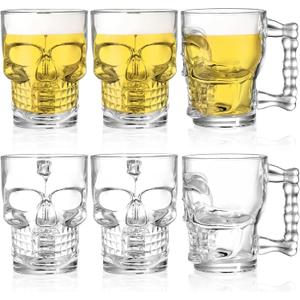 Hacaroa 6 Pack 17 Oz Skull Glass Beer Mug with Handle, Father's Day Gift Heavy Base Drinking Tiki Glasses, Clear Funny Beer Stein Cup for Whiskey, Wine, Juice, Bar, Halloween Decorations Gifts
