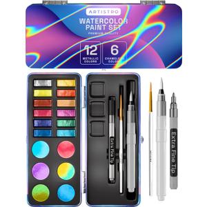 ARTISTRO Metallic Watercolor Paints Set of 18, Palette set Including 12 Metallic Glitter Watercolor and 6 Chameleon Colors. Perfect Travel Watercolor Set for Artists, Amateur Hobbyists and Painting Lovers