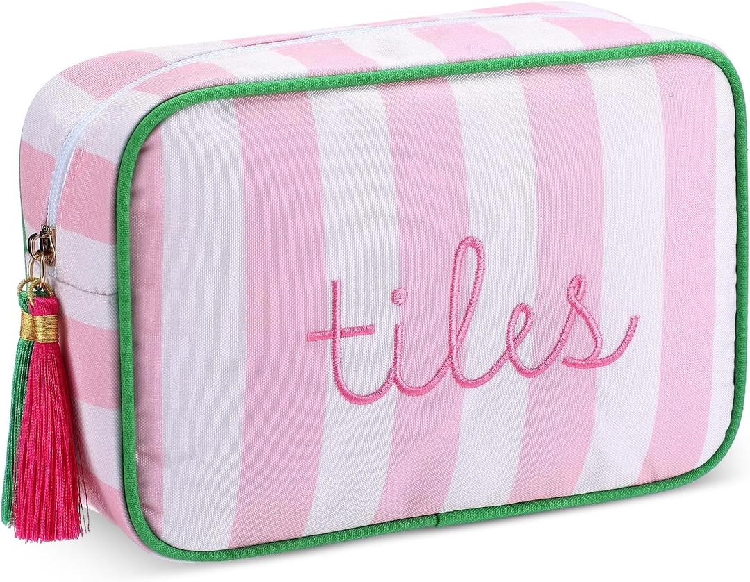 Sanwuta Mahjong Tile Bag with Zipper, Striped Embroidered Mahjong Storage Pouch Mah Jong Bags for Tiles Board Game Pieces Game Party Travel Gatherings Accessories(Pink, Classic)