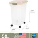 IRIS USA Dog Food Storage Container 58 lbs, Attachable Wheels, for Dog Cat Birds and other Pets, Food Storage Bin, Keep Fresh, Easy Mobility, BPA Free - Made in the USA, Almond/Clear