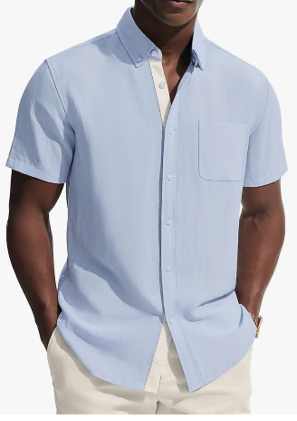 PJ PAUL JONES Mens Button Down Shirt Linen Short Sleeve Dress Shirts for Men Beach Summer Wedding Untucked Shirt 2XL