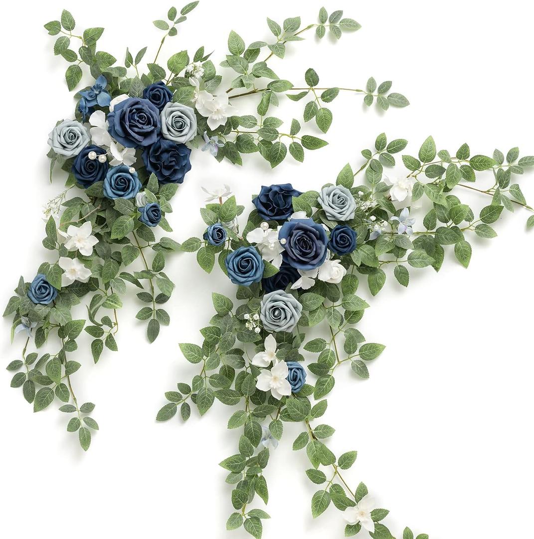 Ling's moment 2PCS Dusty Blue Artificial Floral Swags Centerpieces Wedding Flower Rose Garland Greenery Arrangements for Sweetheart Table Decor Backdrop Arch Flowers Wall Home Garden Decorations