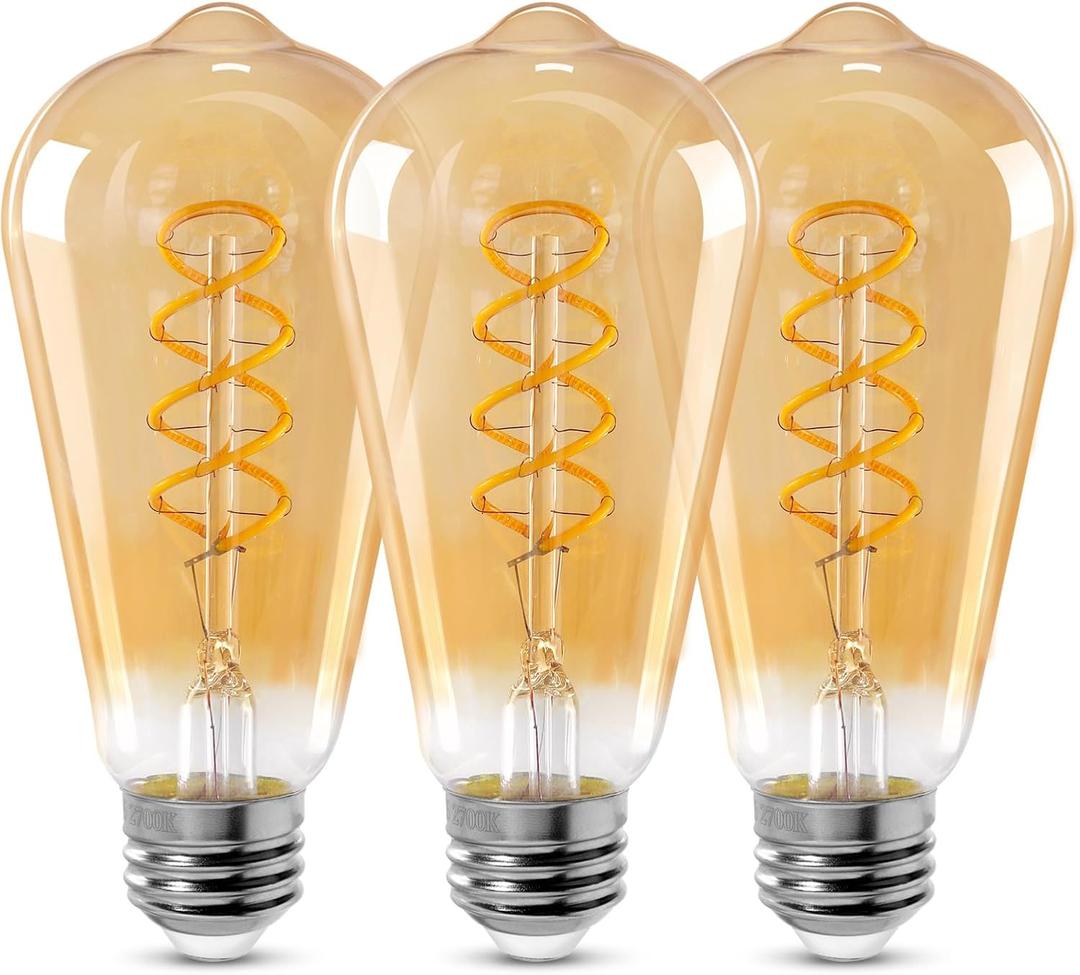ST64 LED E26 Vintage Edison Light Bulbs, Amber Glass, Dimmable, 4W(40W Equivalent) 300 Lumens, 2200K Ultra Warm White, Spiral Filaments Design, Antique Style, 25000 Hrs, 3-Pack