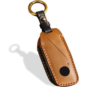 OLLEN Screws-Free Genuine Leather Key Fob Cover Fit for BMW 2023-2025~up New 5/7 Series 740i 760i X1 X2 X3 X5 X6 X7 XM IX IX3 I5 I7 etc, with Key Ring, Brown