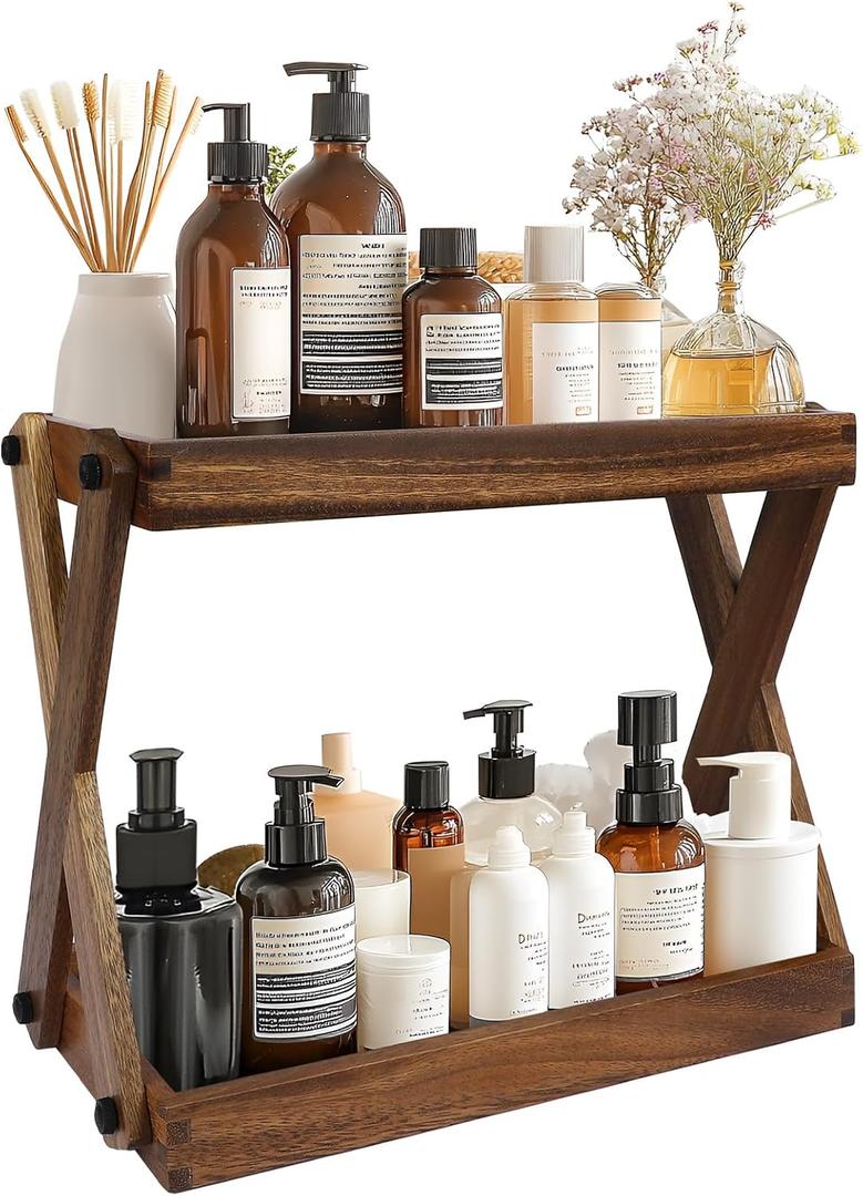 Wood Countertop Shelf Organizer, 2 Tier Wooden Shelf for Coffee Bar Accessories, Kitchen Spice Rack Organizer, Condiment Storage Caddy for Home, Office, Bathroom counter