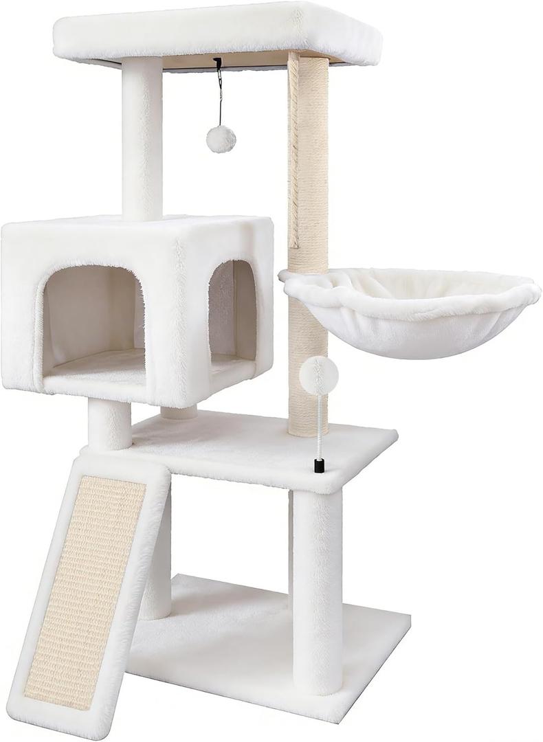 Cat Tree with Cat Condo and Hammock, Cat Tree with Scratching Posts and Scratching Pads, Cat Tower for Indoor Cats, Activity Centre Climbing Tree with Playful Toy Balls, Beige