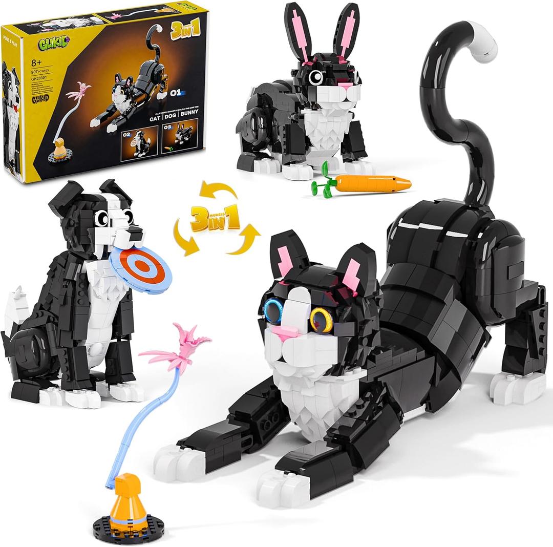 3 in 1 Animal Tuxedo Cat Building Set, Animal Figurines with 3 Building Options into Cat, Dog, or Rabbit - Learning Toy, Birthday Gift for Kids, Girls & Boys Ages 8+