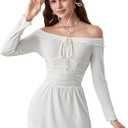 SHENHE Women's Off Shoulder Dress Long Sleeve Ruffle Ribbed Nightgowns Babydoll Lingerie Set (White, M)