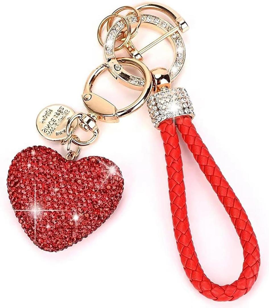 Heart Crystal Car Keychain, Cute Bling Bag Charms with Wristlet Keychain, Pretty Key Ring with Sparkly Rhinestones Heart, Key Fob for Handbag Purse (Red) (1 PC)