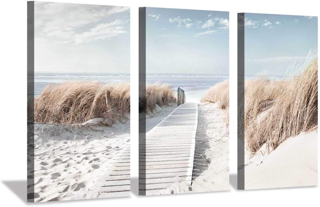 Hardy Gallery Beach Path Picture Coastal Artwork: Seaside Boardwalk Painting Art Print on Canvas for Living Room (34'' x 20'' x 3 Panels)