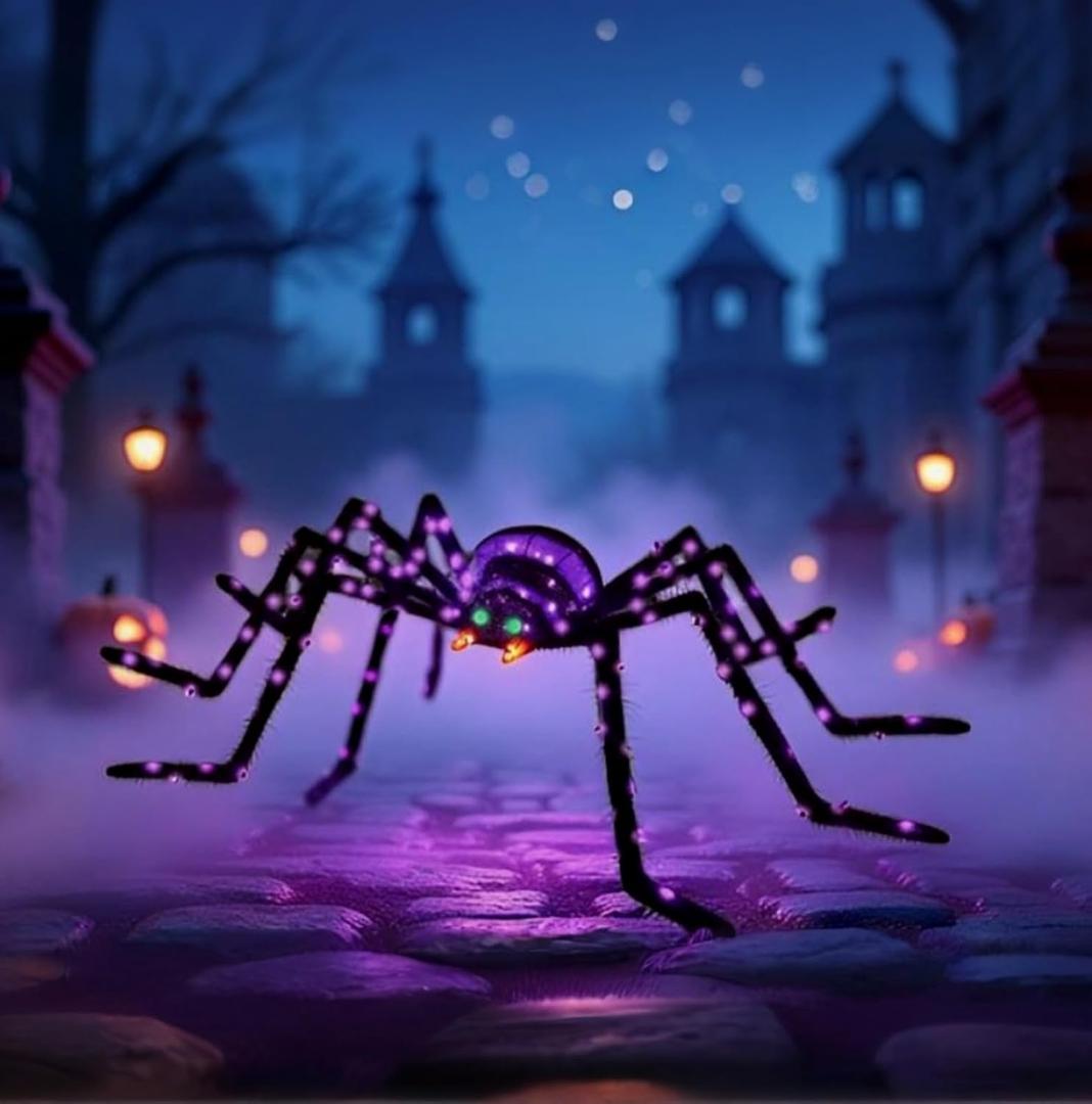 6.8Ft Giant Spider Halloween Decorations Outdoor 82" Light Up Spider with 115 LED Lights for Front Yard, Porch, Garden, Lawn, Halloween Party (Purple) (Zz-005)