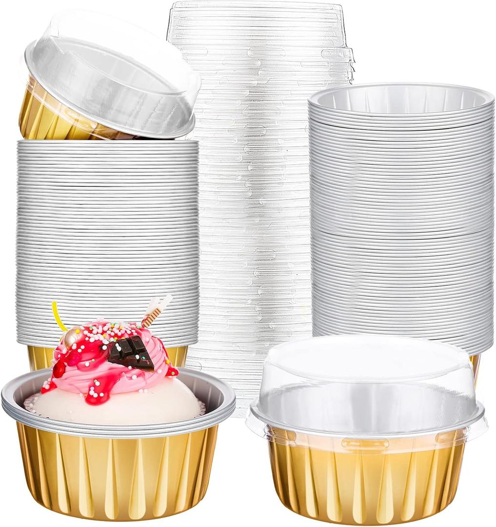 200 Pack Aluminum Foil Cupcake Liners with Lids, 5 oz Round Baking Cup, Disposable Ramekin Container for Graduation Wedding Memorial Patriotic Party(Gold,Plain)