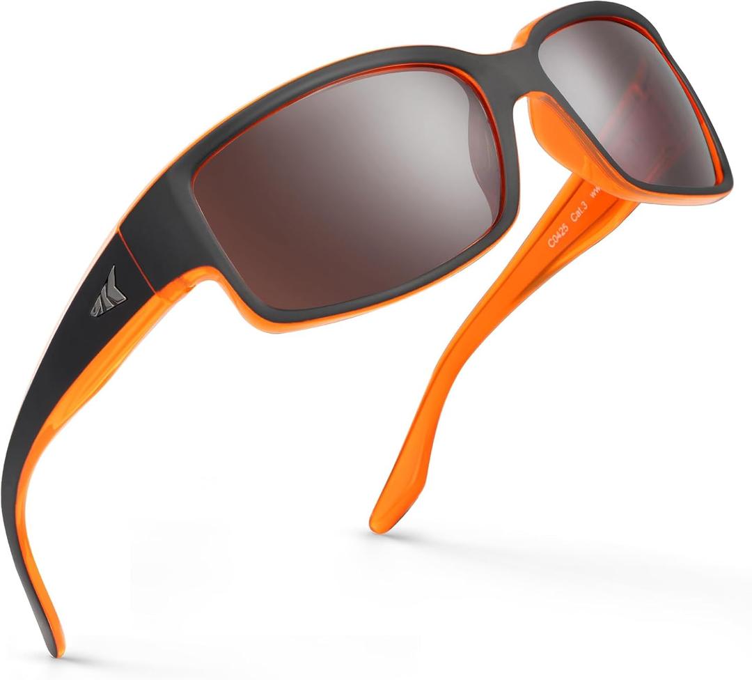 KastKing Skidaway Polarized Sport Sunglasses for Men and Women,Ideal for Driving Fishing Cycling and Running,UV Protection (Color: Frame: Matte Orange Blackout / Lens: Copper Base - White Steel Mirror)