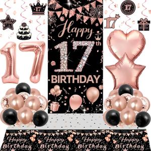 17th Birthday Decorations for Girls, Happy 17th Birthday Decorations Girl, 17 Birthday Decorations for Girls Rose Gold and Black, 17th Birthday Banner Door Backdrop Balloons Tablecover Number 17 Decor