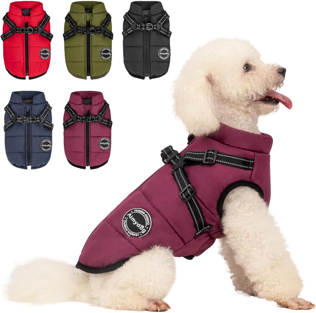 Warm Dog Winter Coat, Fashion Pet Cold Weather Jacket with Built-in Harness, Reflective & Adjustable Comfortable Pet Vest, Windproof Apparel for Dogs (Purple) Medium