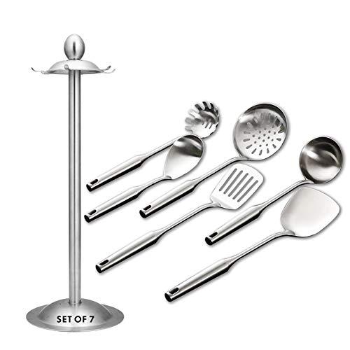 Kitchen Utensil Set – 6 Piece Stainless Steel Cooking Utensils with Rotating Holder Organizer Includes Slotted Spoon, Slotted Spatula, Large Spoon, Soup Ladle, Spatula, Pasta Server Silver/7PCS
