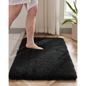 Small Bathroom Rug 17x24 Non Slip Black Fluffy Bath Mat for Bathroom Floor Washable Plush Luxury Bath Rug for Tub Soft Shaggy Shower Mat