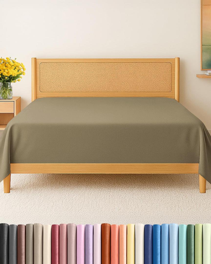Twin XL Size Flat Sheet - Hotel Quality Top Flat Bed Sheet Only - Ultra-Soft, Breathable & Cooling - Fade & Wrinkle Free - Easy-Care, Stain & Shrink Resistant Bedding - Easy-Fit and Oeko-Tex - Khaki