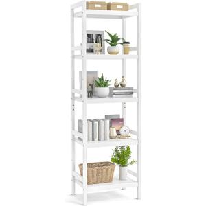 Homykic Bamboo Bookshelf, 5-Tier Narrow 55.9 Adjustable Book Shelf Bookcase Bathroom Shelves Freestanding Storage Stand for Living Room, Bedroom, Kitchen, Rust Resistance, Easy Assembly, White, 17.7"Wx12.4"Dx55.9"H