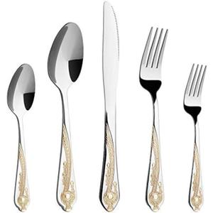 Gold Silverware Set, 20 Piece Stainless Steel Golden Flatware Set for 4, Silver Tableware Set with 24K Gold-Plated Trim, Eating Utensils, Great for Family Gatherings & Daily Use(Prestige)