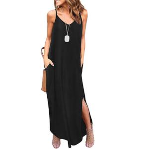 HUSKARY Women's Summer Casual Sleeveless V Neck Strappy Split Loose Dress Beach Cover Up Long Cami Maxi Dresses with Pocket (Black, Small)