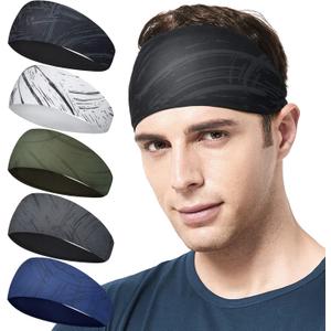 Mens Running Headband,5Pack,Mens Sweatband Sports Headband for Running,Cycling,Basketball,Yoga,Fitness Workout Stretchy Unisex Hairband (Stripe style)