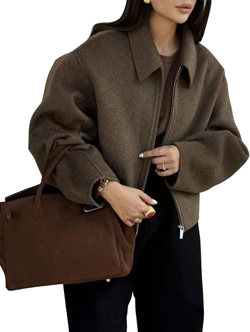 Womens Cropped Wool Jacket Plain Zipper Short Pea Coats Fall Winter Trendy Tweed Jackets 2025 (Medium, Brown)