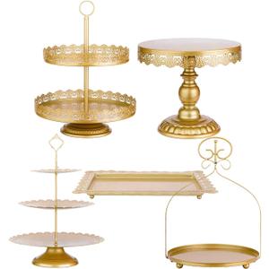 ZUMELER Gold 5Pcs Cake Stands Set Metal Round Cupcake Holder Cookies Dessert Display Plate Serving Tower Tray Platter with Handle for Baby Shower Wedding Birthday Party Celebration