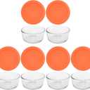 Pyrex (6 7200 2 Cup Glass Dishes & (6) 7200-PC 2 Cup Orange Lids - Made in the USA