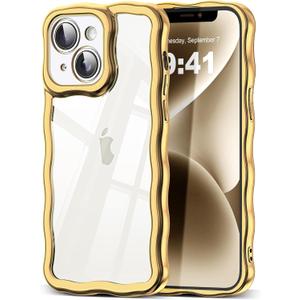 3 x SKYLMW Compatible with iPhone 14 Plus Case, Kawaii Cute Curly Wave Frame Luxury Plating Edge, Stylish Glossy Clear Back, Soft TPU Shockproof Protective Cases for iPhone 14 Plus, Gold