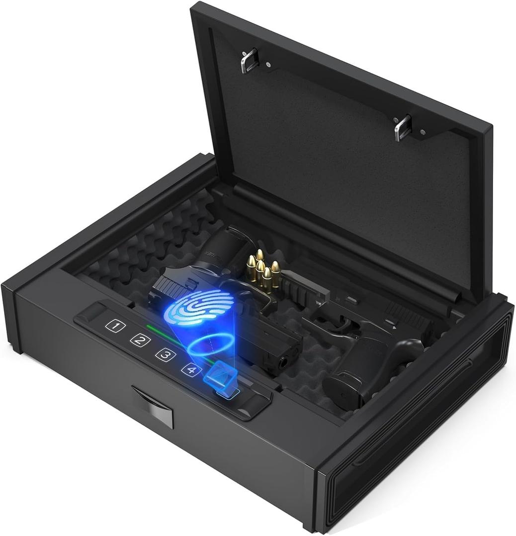 HARDROCK Gun Safe for Pistols, Biometric Wall Mounted Handgun Safe Box for Desk, Bedside,Truck, Drop Down Quick Access Security Safe with Fingerprint Keypad Lock for Home nightstand