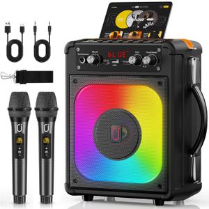HWWR Karaoke Machine, Portable Bluetooth 5.3 Speaker with 2 Wireless 0 Delay Microphones, PA System with Echo Adjustment, Supports TWS/TF Card/USB/AUX/TV for Home Party, Backyard BBQ Studio Subwoofers (Black)