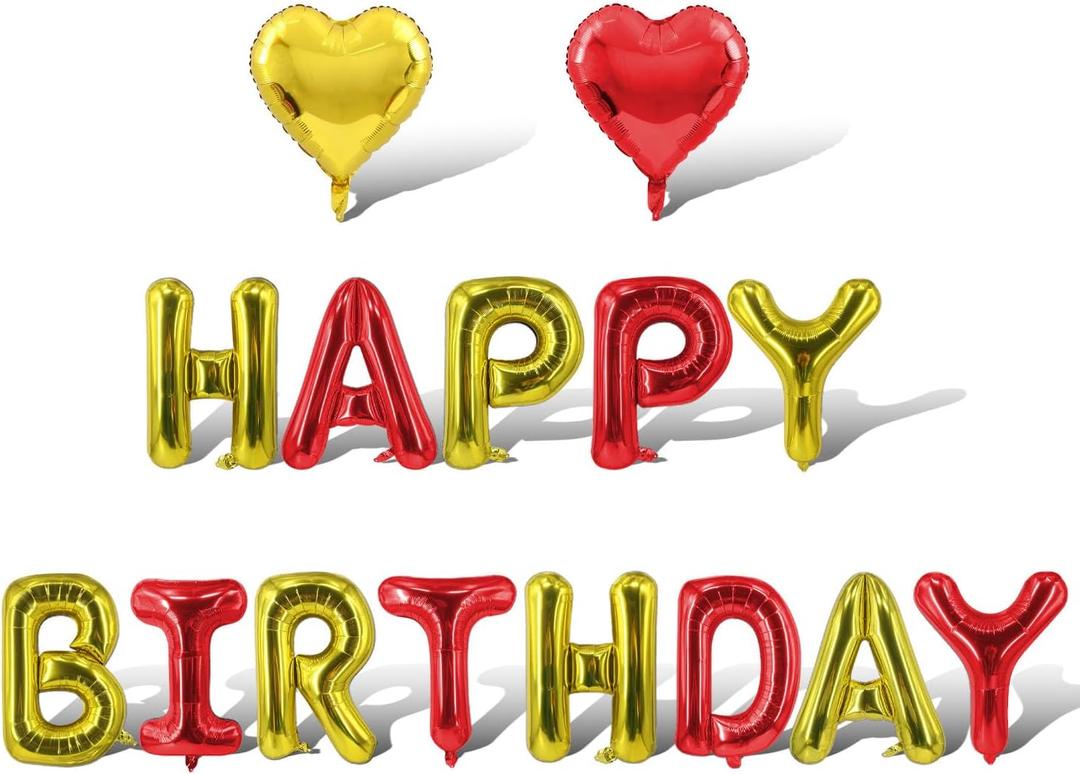 2 x Gold Red Happy Birthday Balloons Banner Foil Balloons Letters Heart Balloon for Gold Red Themed Party Decoration Supplies Men Birthday Decoration Decor Ballons Arch Kits Party Balloon Set 15pcs