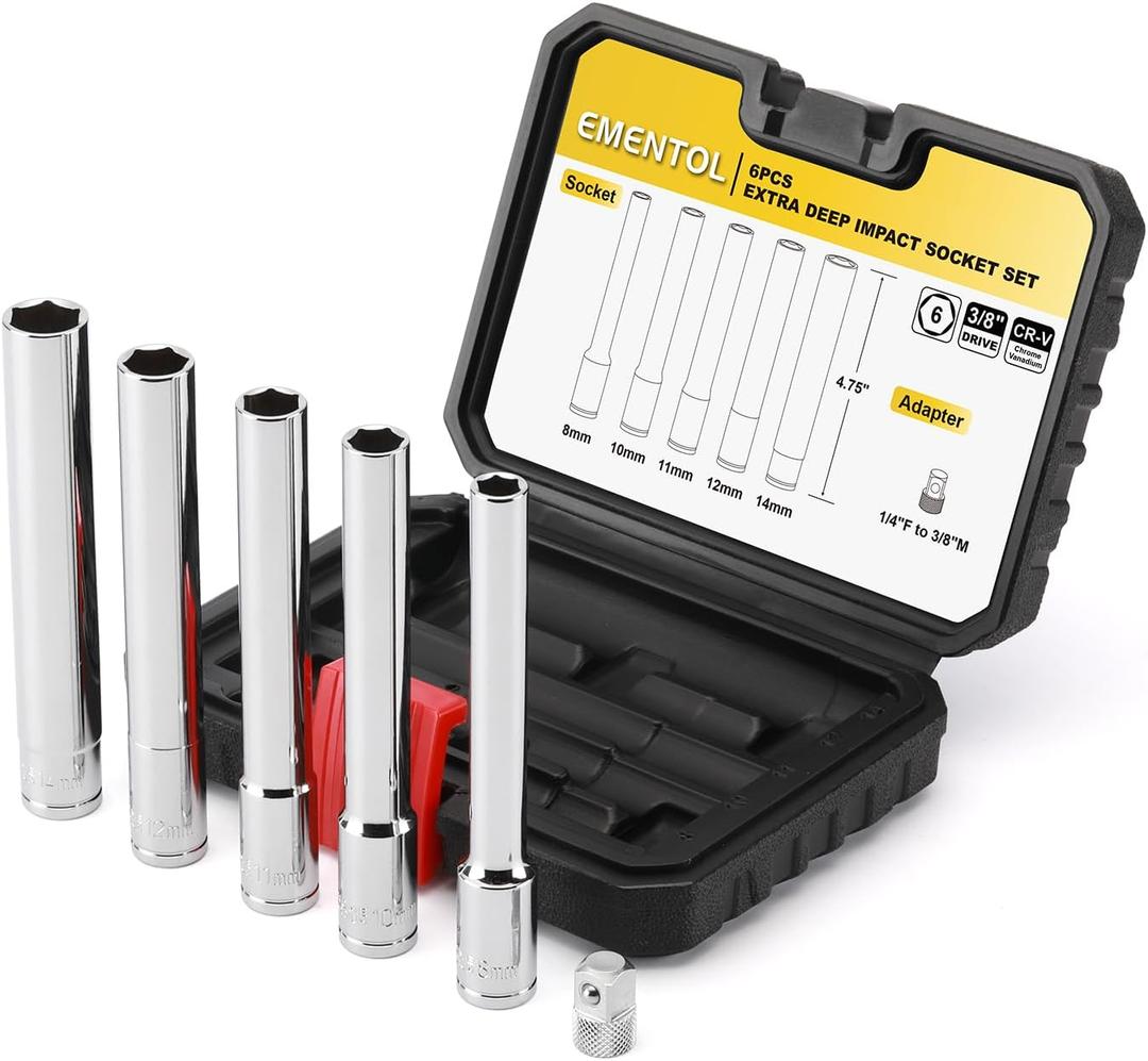 EMENTOL 6PCS 3/8-Inch Drive Metric Deep Socket Set, 8-14MM Deep Sockets&1/4-inch F-3/8-inch M Socket Adapter, Extra Long, 6-point