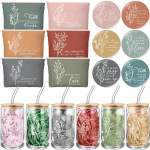 Fumete 6 Set Christian Gift for Women Bulk Religious Makeup Bag Glass Bible Verse Cup Mini Christian Compact Mirror Gifts for Church Members Women Basket Stuffers(Bright Colors)