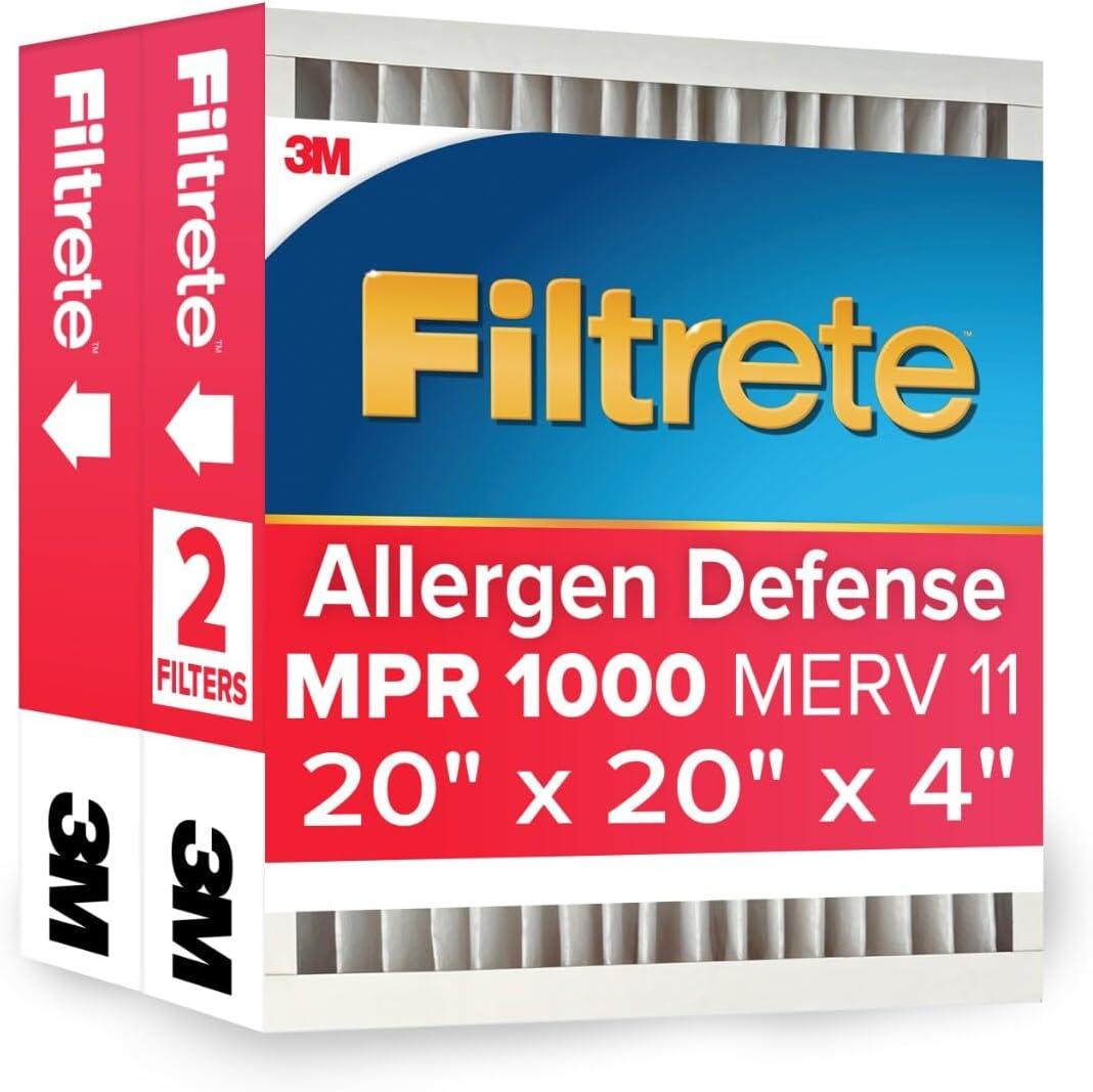 Filtrete 20x20x4 AC Furnace Air Filter, MPR 1000, MERV 11, Fits Honeywell, Allergen Defense, Electrostatic Air Cleaning Filter, 2-Pack (actual size 19.88 x 19.88 x 4.31)