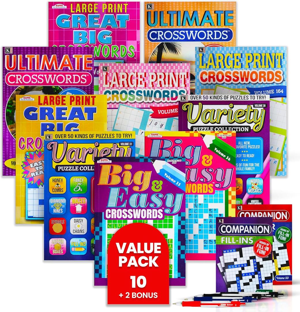 10-Pack Large Print Crossword Puzzles for Seniors Plus 2 Fill-In Puzzle Books and 4 Pens - Big, Bold, Easy-to-Read, Perfect Brain Stimulation Elderly Games for Retirement, Hospital Activities (8 x 10)
