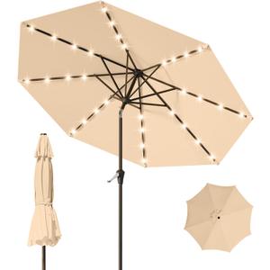 9FT Patio Umbrella with Solar Lights,Outdoor Market Umbrella with Tilt and Crank, LED Lighted Table Umbrella for Garden,Deck,Backyard,Pool,Beach (Khaki)