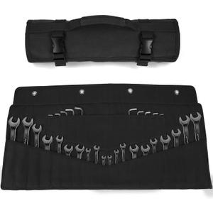 Wrench Roll 32 Pockets, Heavy-Duty 16 oz. Waxed Canvas Wrench Roll Up Bag Holds Wrench Wrap for Metric and SAE Wrenches, Wrench Pouch with Buckles and Handle, Sturdy Wrench Tool roll (Black)