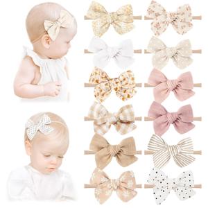 Niceye Handmade Hair Accessories: 12 Packs of Stretchy Nylon Headbands and Bows for Newborns, Infants, Toddler Girls (Beige)