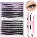 Pawotence Lash Extension Kit Individual Lash Clusters Kit 40D 50D Eyelash Extension Kit 8-16mm Eyelash Clusters with Lash Bond and Seal, Lash Tweezers for Beginners (40D&50D, 0.07D, 8-16mm, Kit)